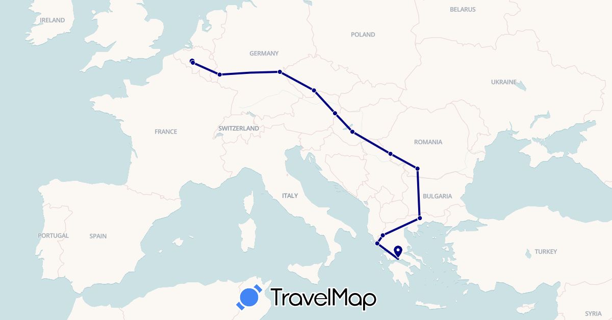TravelMap itinerary: driving in Belgium, Czech Republic, Germany, Greece, Hungary, Romania (Europe)